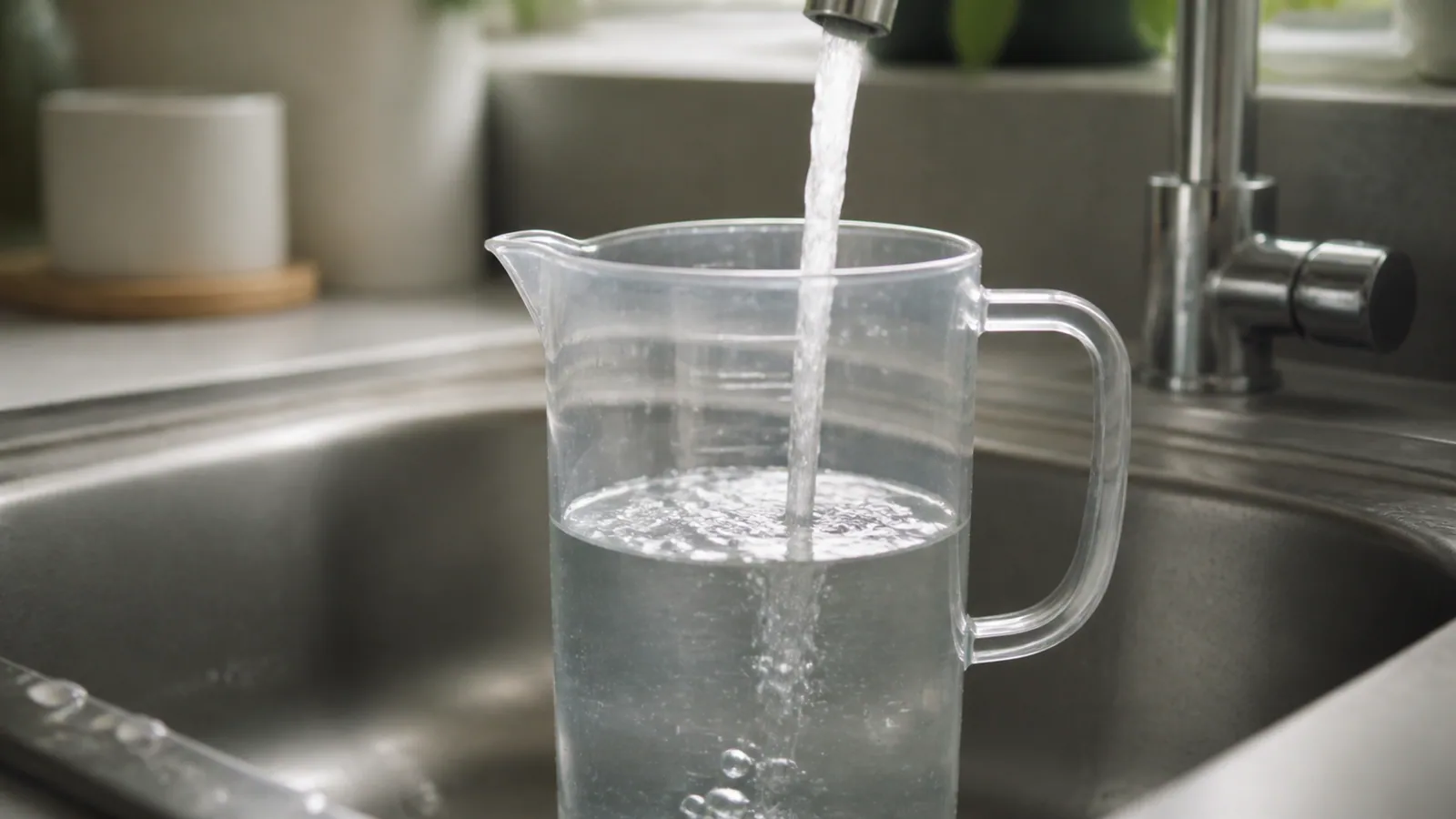 放在水槽內接水的透明量杯,AI 情境圖